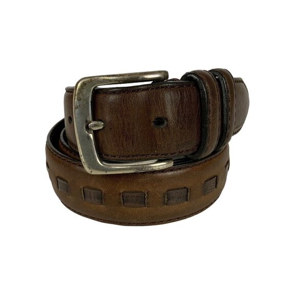 Unbranded Mens Belt Size 34 Brown Leather Lacing Silvertone Buckle Casual - Picture 1 of 5